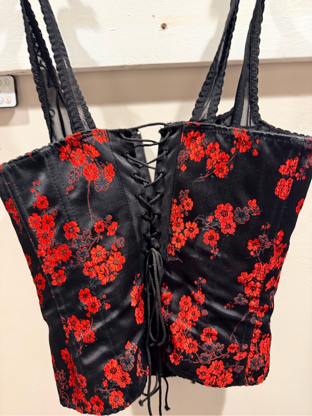 Red Floral Lace-Up Satin Corset Top - Women Intimates & Sleepwear
